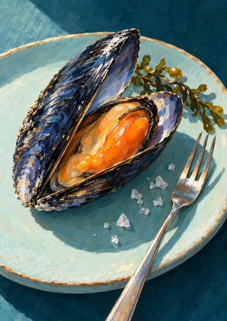 Opened blue-black mussel with glossy orange flesh on an aqua plate beside a fork and scattered salt.