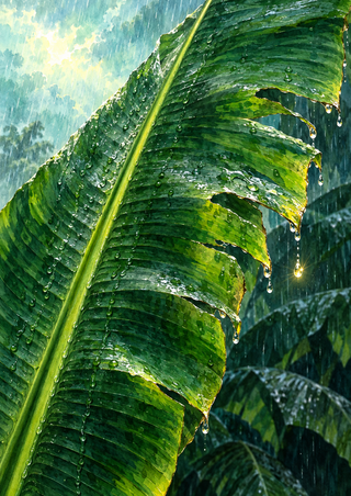 Close-up of a large rain-covered banana leaf with a central rib and a bright falling droplet against dark foliage.