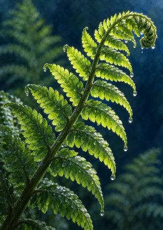 A rain-wet green fern frond curves upward with bright droplets against a softly blurred dark garden background.