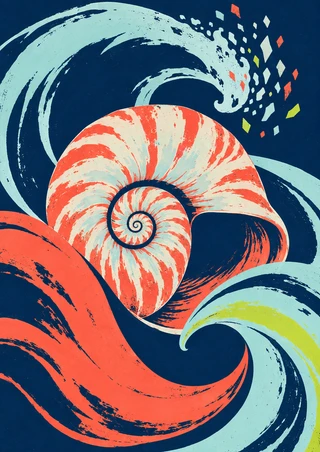 Large pale coral-and-aqua spiral shell form surrounded by curling midnight navy, coral, cream and aqua wave ribbons with angular droplets.