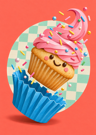 A smiling cupcake with pink frosting and colorful sprinkles leaps from a blue pleated baking cup against a coral background and mint checkerboard oval.
