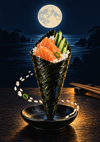 Upright nori hand roll filled with salmon, cucumber, and rice on a black plate, with chopsticks, loose rice, and a moonlit seascape.