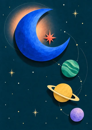 A large cobalt crescent cradles a coral-red star above three colorful planets and dotted orbit paths on a midnight-teal background.