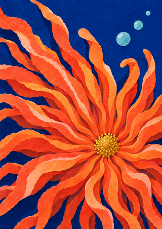Large orange-coral radial form with a small golden center and three pale aqua bubbles on a deep blue background.