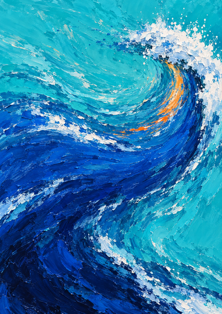 A cobalt and turquoise water current curls into a white foaming crest, with a narrow orange accent.