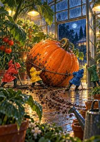 Four tiny gardeners in colorful raincoats surround an oversized orange pumpkin inside a warmly lit greenhouse on a rainy night.