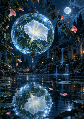 Large white flower inside a glowing suspended glass sphere above a reflective pond, surrounded by vines, pink blossoms, a moon, and a waterfall.
