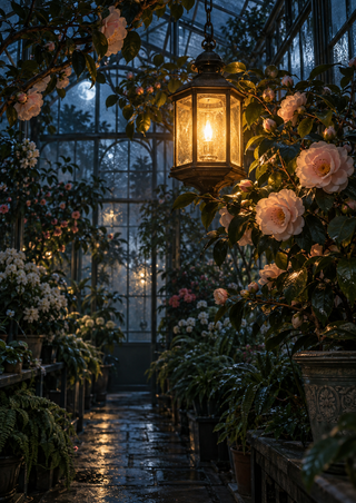 Glowing amber hanging lantern among pale pink flowers and glossy leaves in a dark glasshouse with a reflective aisle.
