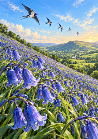 Blue-violet bluebells cover a sloping hillside beneath five swallows, with a green valley and distant ridges in the background.