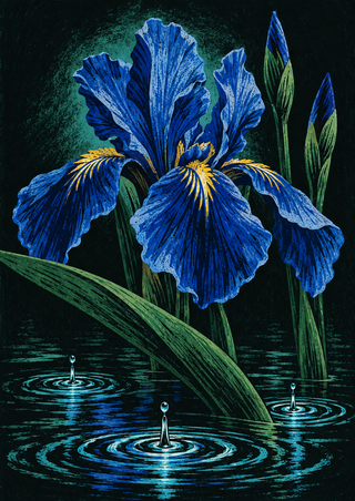 Graphic blue iris with two narrow buds and a sweeping green leaf above three bright ripple patterns in dark water.