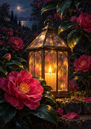 Glowing glass-paneled lantern with a visible flame among magenta flowers and glossy dark foliage, with a small moon in the distance.