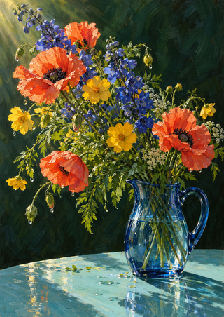Colorful bouquet of coral poppies, blue-purple flowers, and yellow daisy-like blooms in a transparent blue pitcher on a turquoise tabletop.