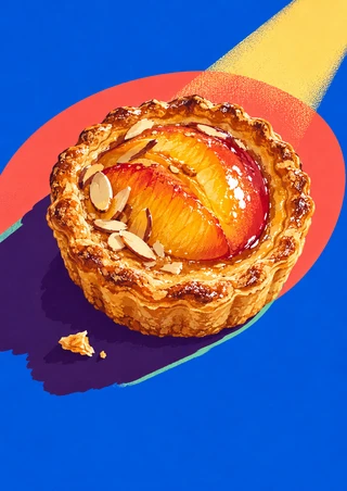 Golden fluted peach tart with glossy peach sections and almond slivers, crossed by a diagonal sunbeam against cobalt blue.