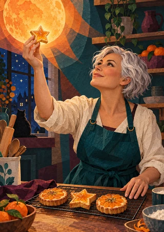 Silver-haired baker in a teal apron raising a star-shaped tart toward a large orange moon, with pastries and a black cat in a colorful kitchen.