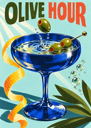 Cobalt coupe with olives and a falling olive beneath the title OLIVE HOUR, framed by citrus peel and decorative bubbles.