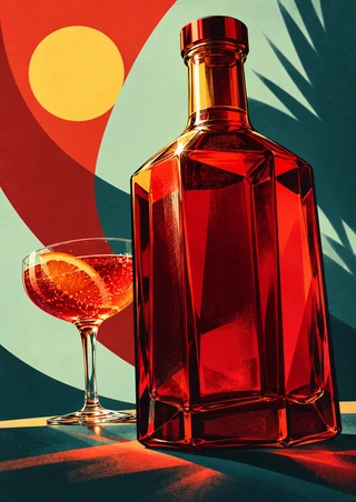 Faceted ruby-red bottle beside a small stemmed glass of red-orange drink with a citrus slice against abstract shapes.