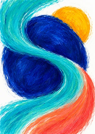Abstract turquoise strokes winding around a deep ultramarine shape, with an orange-yellow disk, coral accent and white margins.