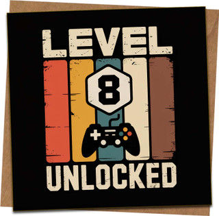 Level 8 Unlocked Gamer Birthday Card - 145mm x 145mm Square Retro Video Game Controller Design, Funny 8th Birthday for Boy or Girl, Blank Inside, Kraft Envelope Included