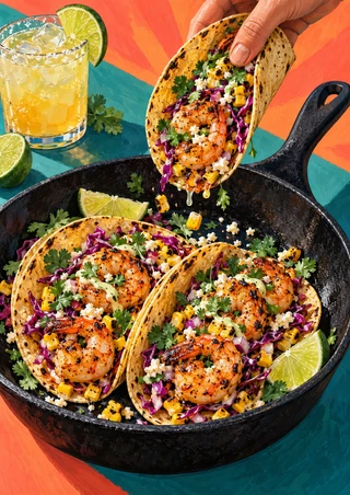 A hand lifts a shrimp taco above a cast-iron skillet of tacos, with lime, corn, cabbage, cilantro and a citrus drink.