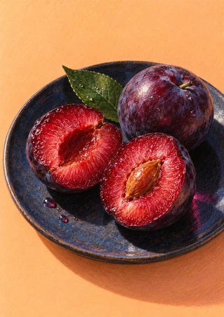 Whole purple plum and two red-fleshed cut plum sections with a green leaf on a dark plate against pale apricot.