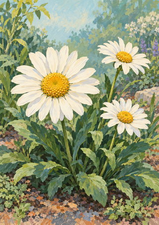 Three large white daisies with textured golden centers rise from dense green foliage, with smaller flowers and a pale blue-green opening behind them.