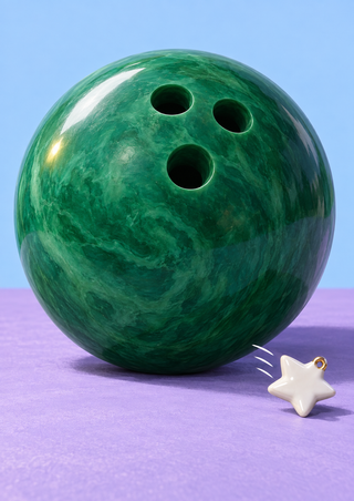 Glossy jade-green bowling ball with three visible holes beside a white star charm on a lavender floor against pale blue.