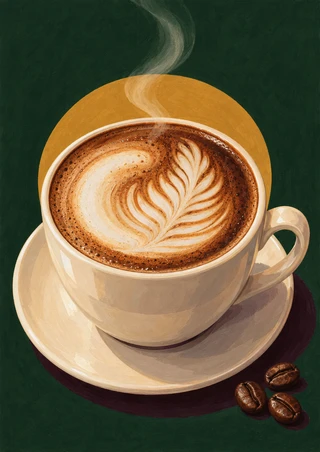 Cream cappuccino cup and saucer with feather-like latte art, curling steam and three coffee beans against a deep green background.