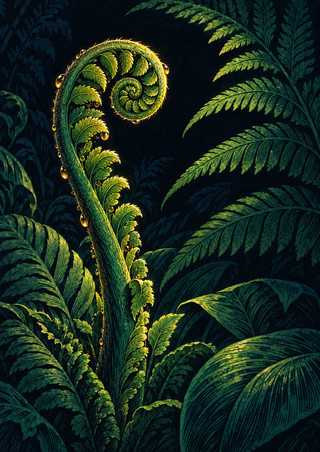 Luminous spiral fiddlehead fern among layered green fronds with amber highlights against a dark indigo background.