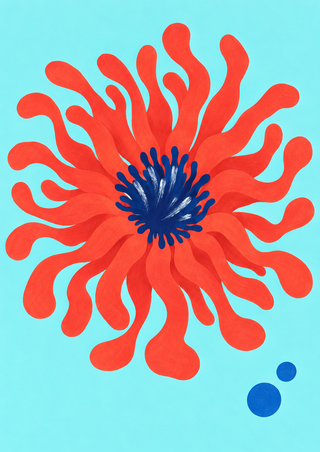 Abstract coral-red radial flower-like form with an indigo-and-white center and two blue circles on pale aqua.