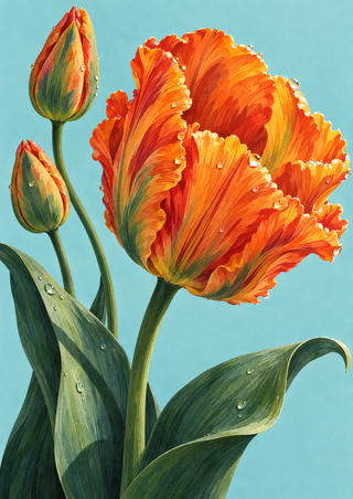 Large ruffled orange tulip with two closed buds, sweeping green leaves and water droplets against an aqua background.