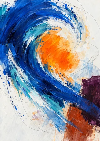 Sweeping cobalt and turquoise arc curls around an orange center, with plum and rust forms on an off-white ground.