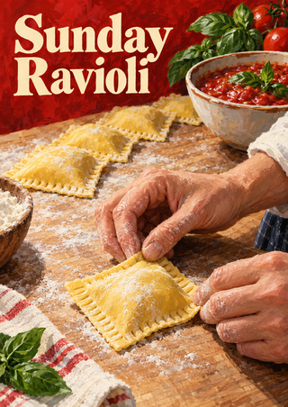 Hands sealing a square raviolo on a floured wooden worktop beneath the words “Sunday Ravioli,” with finished pasta, tomato sauce, tomatoes, and basil nearby.