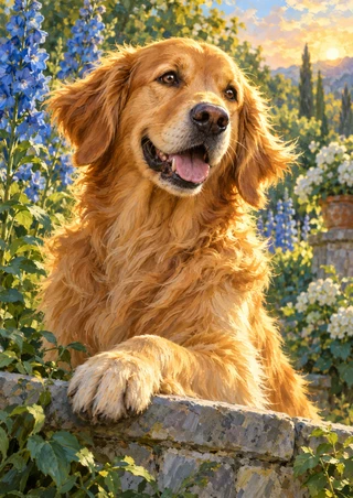 Friendly golden retriever leaning one forepaw over a stone garden wall, with blue delphinium flowers and a sunlit leafy garden behind.