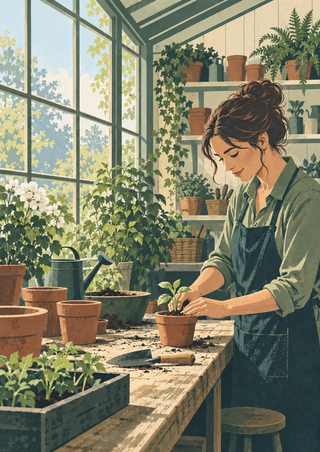 An adult gardener in a dark apron tends a potted seedling at a wooden greenhouse workbench amid plants, pots, and tools.