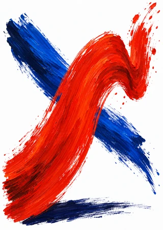 Vermilion sweeping brushstroke crossing two cobalt-blue marks on a white ground, with a dark indigo stroke along the bottom.