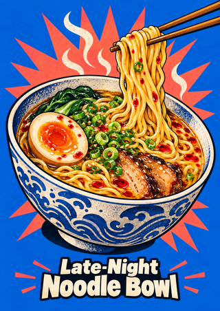 Patterned noodle bowl with greens and a halved egg as chopsticks lift noodles above it; “Late-Night Noodle Bowl” lettering sits below.