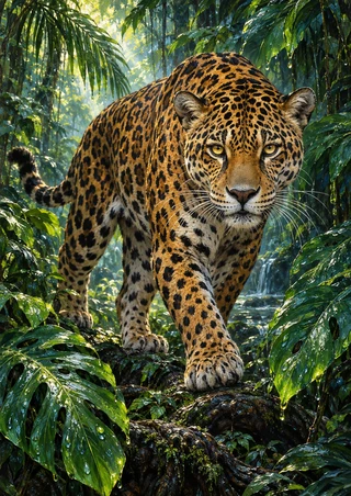 Large amber-gold jaguar with black rosettes stepping over wet dark rocks amid dense emerald tropical foliage.