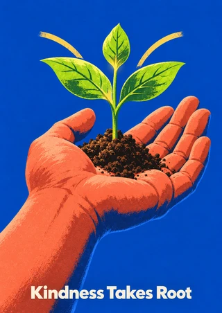 Coral open hand holding soil and a three-leaf green seedling against cobalt blue, with gold rays and the words Kindness Takes Root below.