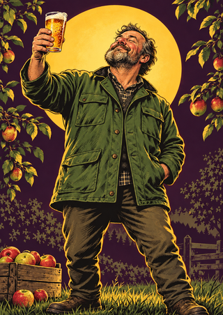 Bearded orchard keeper in a green jacket raising a foamy amber drink beneath a golden disc, framed by apple branches and crates.