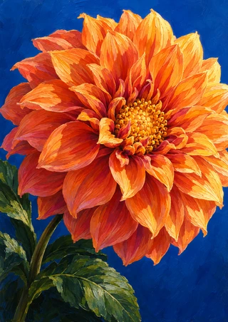 Close-up of a fully open orange dahlia with a golden center and dark green leaves against a vivid blue background.