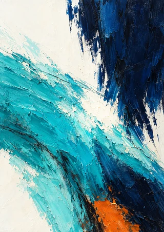 Broad indigo and turquoise textured strokes intersect on a warm-white ground with a burnt-orange accent and fine dark lines.