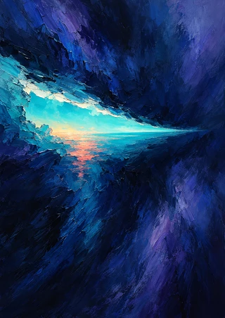 Turquoise and pale light form an irregular horizontal opening in a dark blue-violet abstract field, with a small coral reflection.