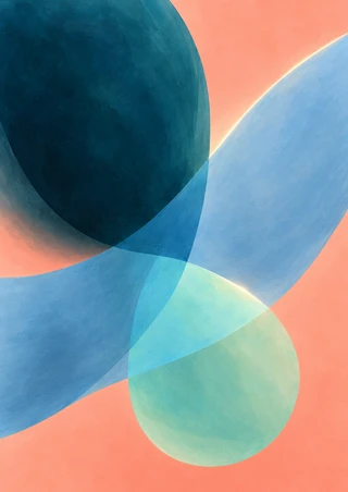 Abstract poster with a dark teal rounded shape, a broad pale-blue sweep, and a small mint circle over a coral ground.