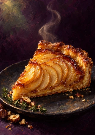 Golden pear tart slice on a dark plate with steam, thyme, and toasted nuts against a deep plum background.