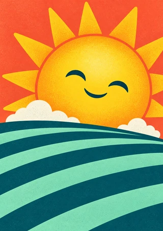 Smiling golden-orange sun with pointed rays above curved teal and mint bands, with small white clouds on a coral-red background.