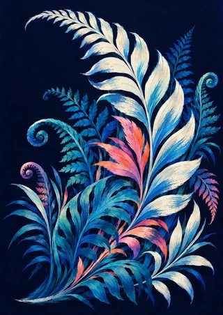 Stylized pale, blue, turquoise, coral, and pink fronds and tendrils arranged against a dark indigo background.