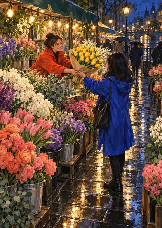 Flower vendor in a vermilion coat hands yellow tulips to a customer in a cobalt raincoat at a rainy nighttime market.