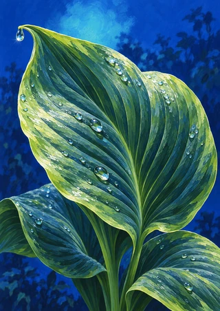 Large ribbed green leaf covered in water droplets, with supporting leaves against a saturated blue background.