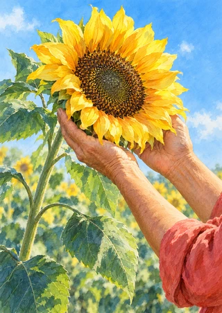 Two adult hands cup a large golden sunflower against a bright blue sky, surrounded by green foliage and a coral-red sleeve.