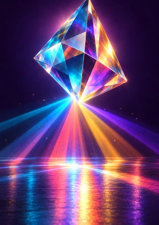 Large tilted faceted glass form sends cyan, coral, violet, and gold rays toward a bright reflection on a glossy surface against dark plum.